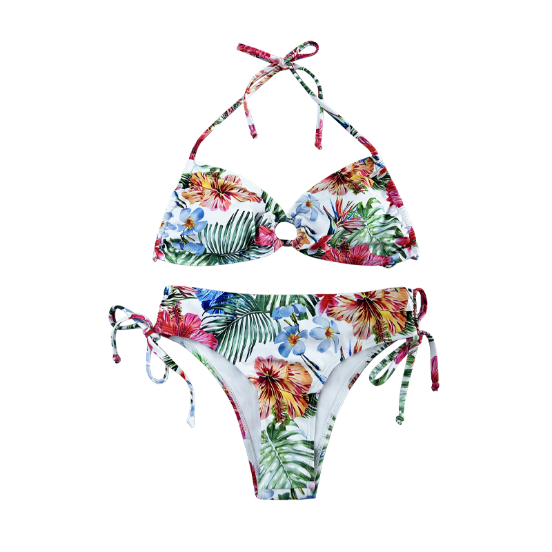 Halter Hollowed Out Pleated Print Stynic Stynic Swimsuits ชุดว่ายน้ำสองชิ้น