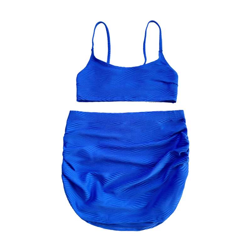 ชุดว่ายน้ำแบบแขวนขั้นพื้นฐานกระโปรงจีบสีฟ้าลวดลายพิเศษผ้าผ้าพิเศษ