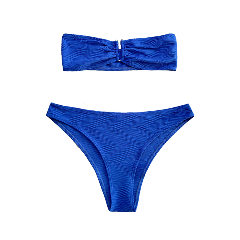 ลวดลายสีน้ำเงินผ้าพิเศษที่ไม่มีสายหนังด้านบน U-Button Split Swimsuit