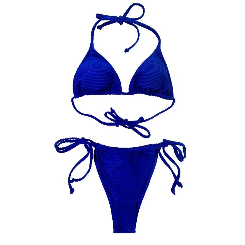 Prussian Blue Halter strap สามเหลี่ยมเซ็กซี่ถ้วยชุดว่ายน้ำสองชิ้น